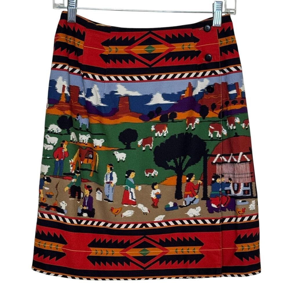 Sharon Young Aztec Folk Art Cotton Size 6 1990's Wrap Skirt